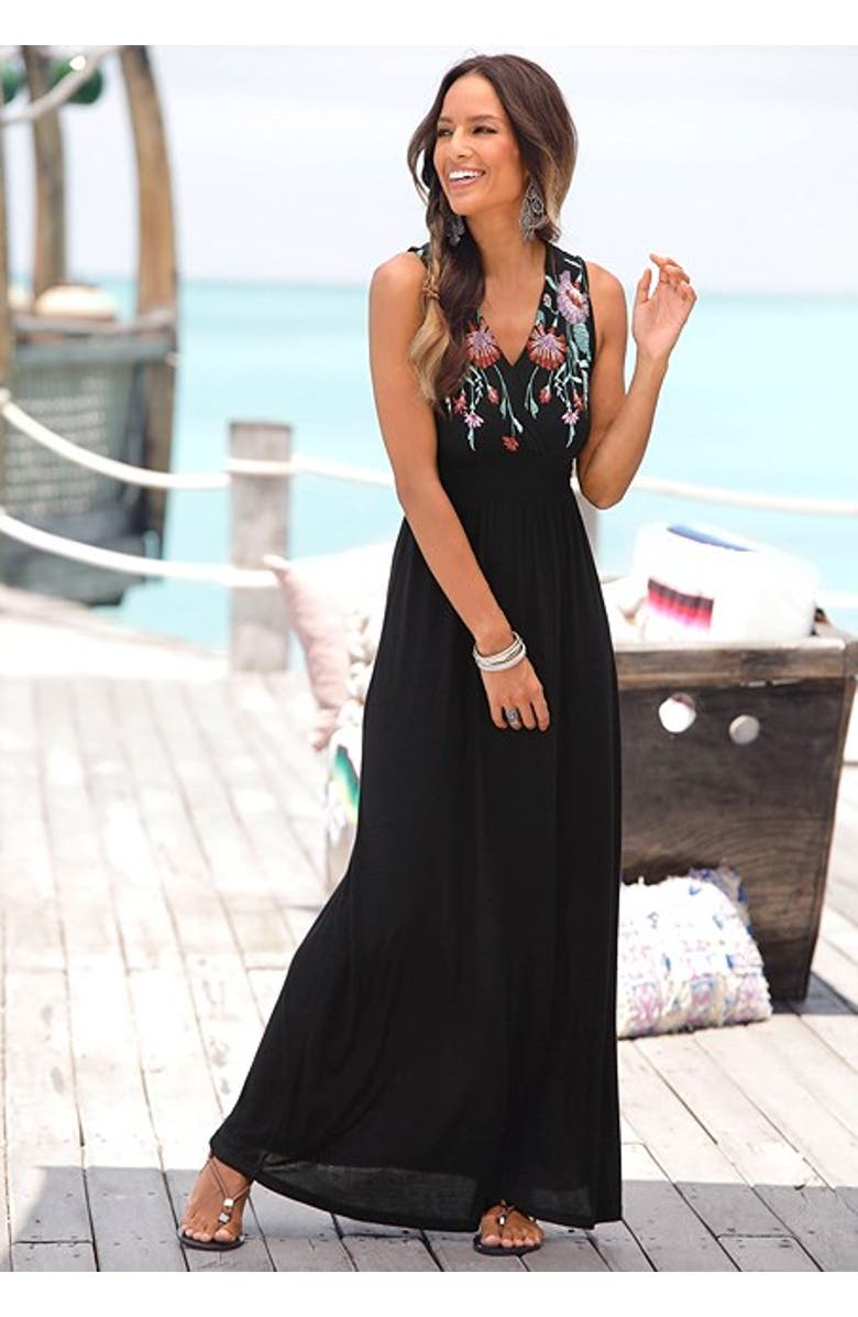 LASCANA Women's V-Neck Maxi Dress, Alternate, color, Black