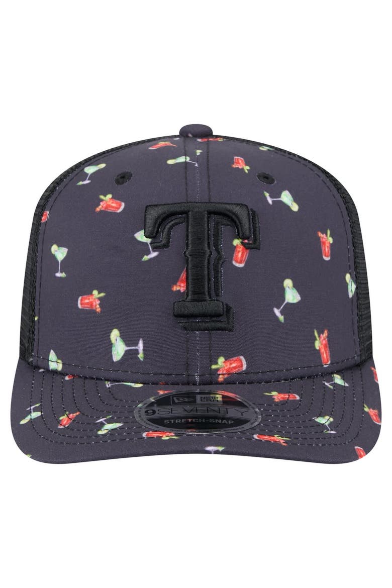 Men's New Era Black Texas Rangers Adventure Drinks Pattern 9SEVENTY Stretch-Snap Hat, Alternate, color, Navy
