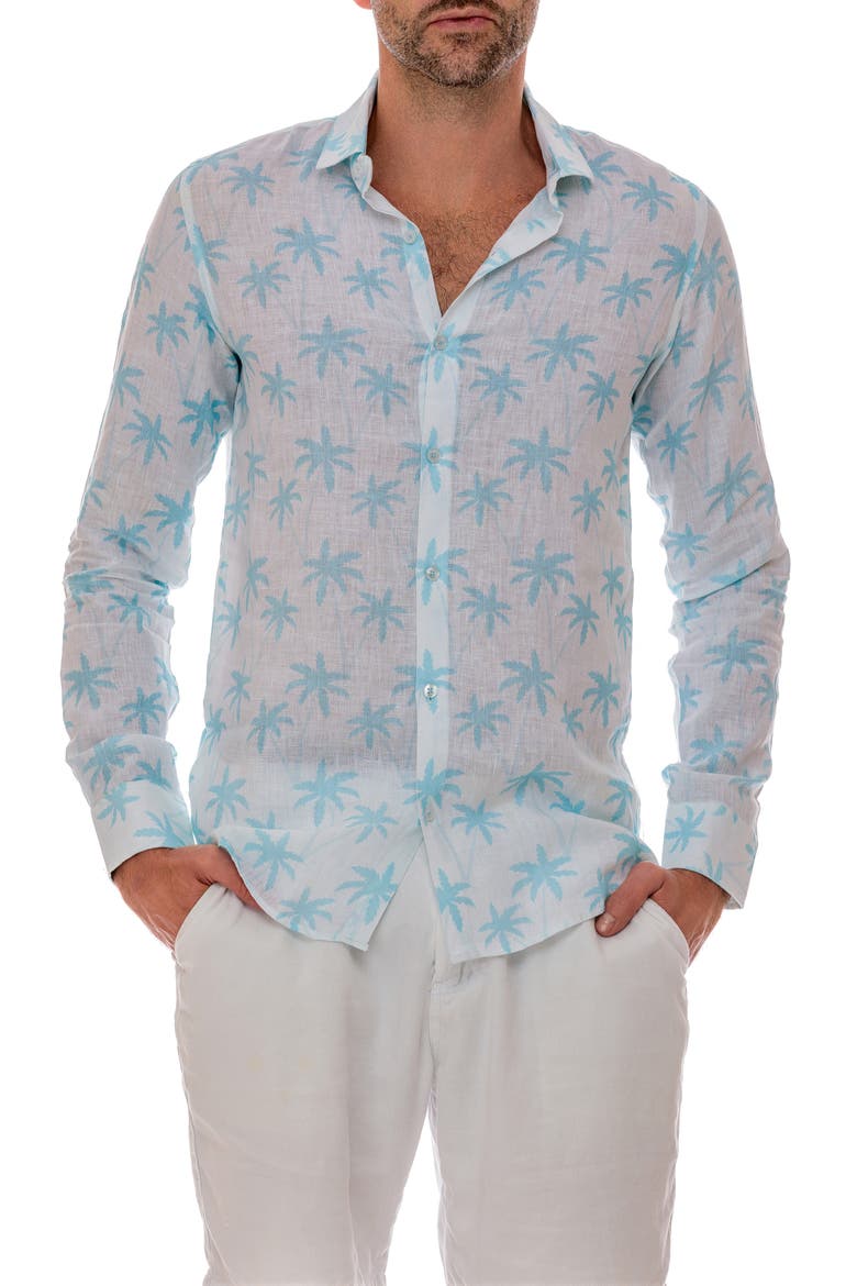 Cross Palm Linen Button-Up Shirt, Alternate, color, WHITE BLUE