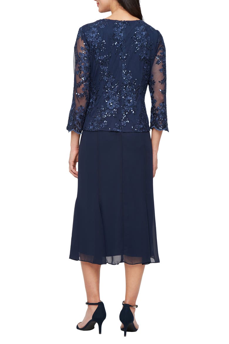 Embroidered Lace & Sequin Mock Cocktail Dress, Alternate, color, NAVY