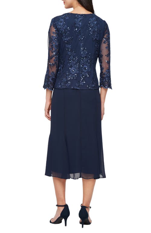 Alex Evenings Embroidered Sequin Tulle Mock Jacket Cocktail Midi Dress