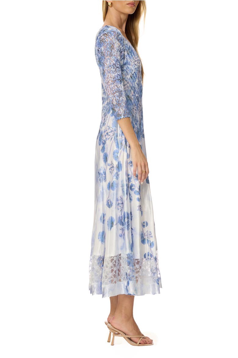 Border Print Charmuese Dress with Lace Sleeves, Alternate, color, Indigo Vine