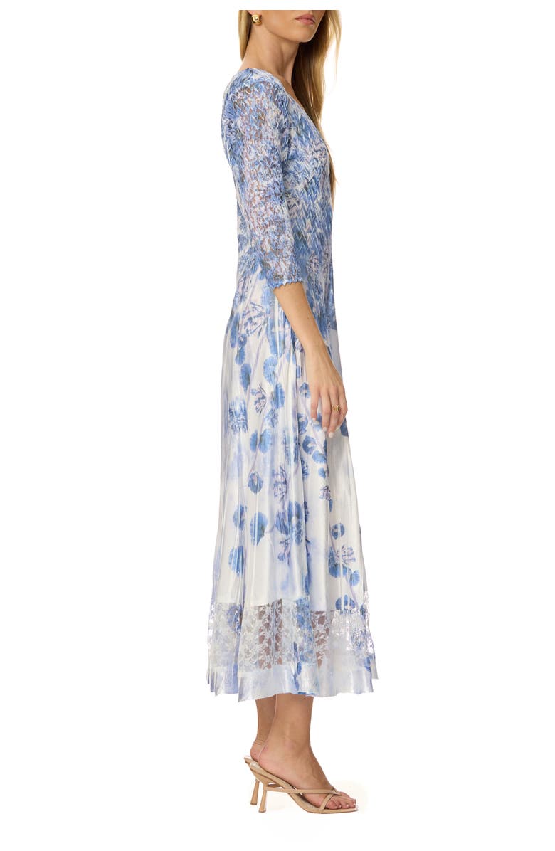 Komarov Border Print Charmuese Dress with Lace Sleeves, Alternate, color, Indigo Vine