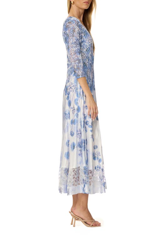 Komarov Border Print Charmuese Dress With Lace Sleeves In Blue
