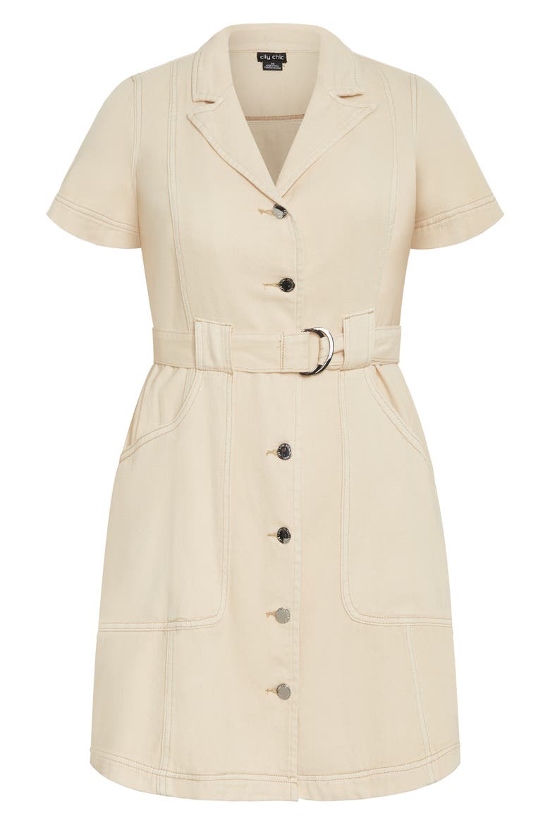 Aleah Belted Denim Button-Up Shirtdress, Alternate, color, STONE
