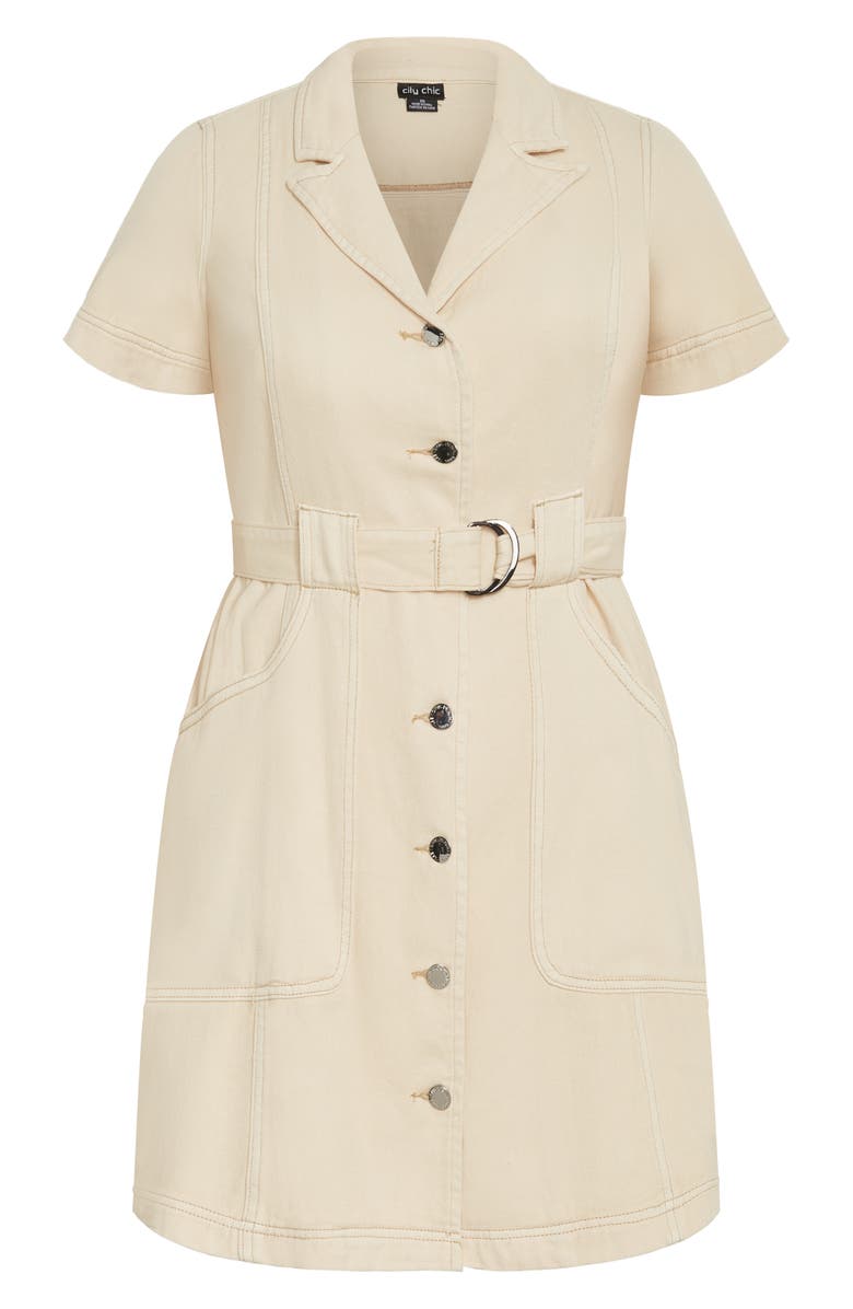 City Chic Aleah Belted Denim Button-Up Shirtdress, Alternate, color, Stone