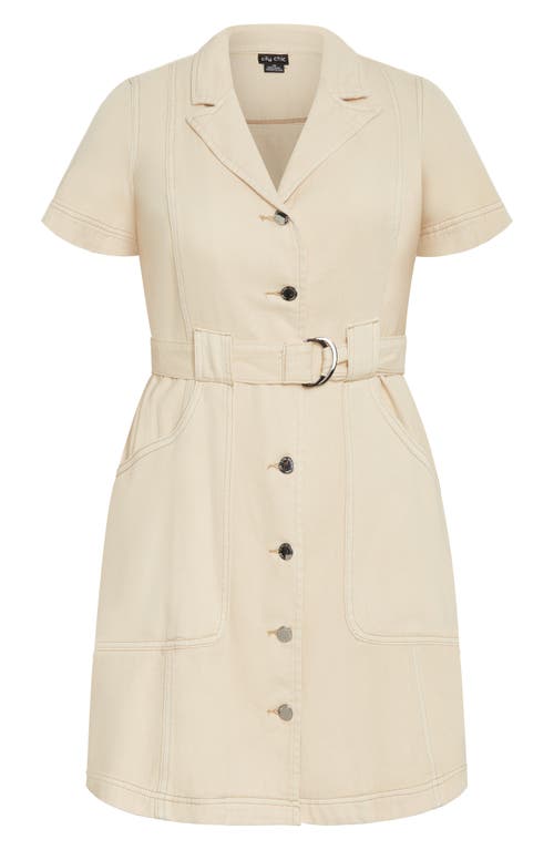 City Chic Aleah Belted Denim Button-up Shirtdress In Neutral