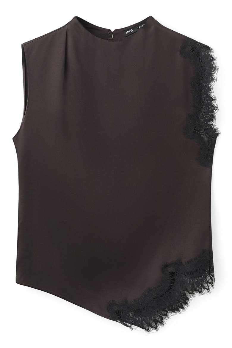 Lace Trim Asymmetric Satin Top, Alternate, color, BROWN