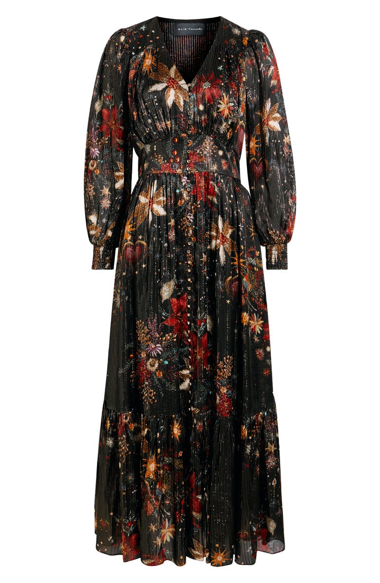 Elie Tahari The Sophie Floral Metallic Stripe Long Sleeve Silk Blend Dress, Alternate, color, Rhinestone Floral