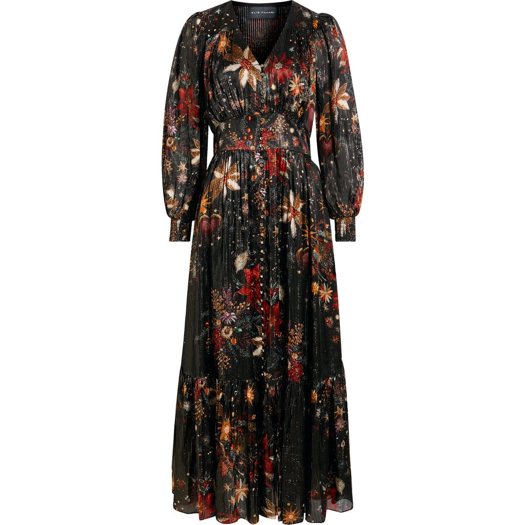 Elie Tahari The Sophie Floral Metallic Stripe Long Sleeve Silk Blend Dress In Black