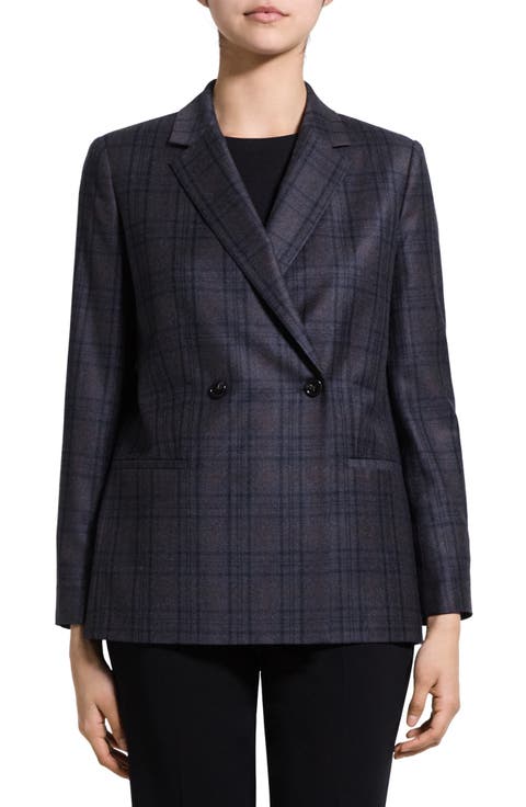 Classic Double Breasted Plaid Virgin Wool Blazer
