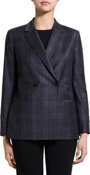 Theory Classic Double Breasted Plaid Virgin Wool Blazer