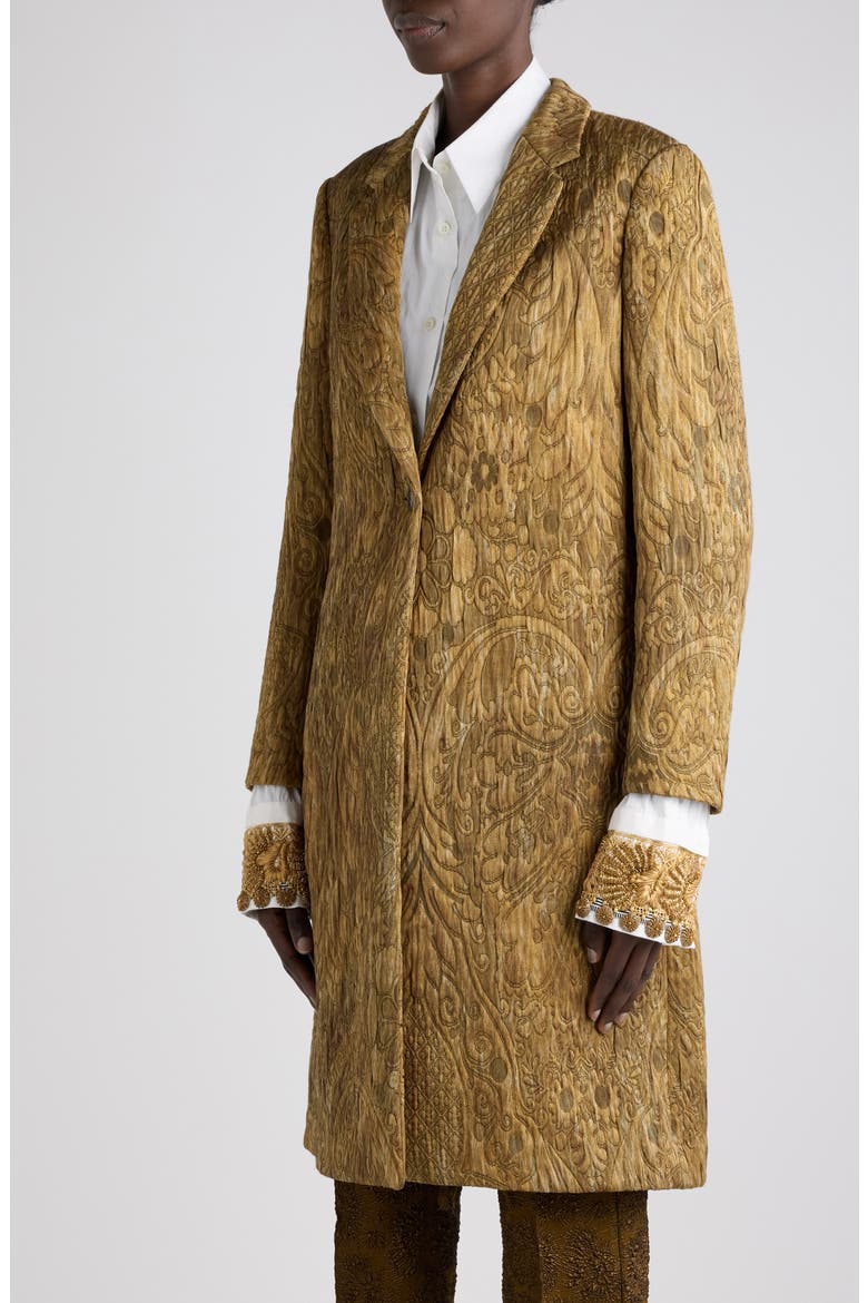 Richy Art Deco Embroidered Jacquard Coat, Alternate, color, KHAKI