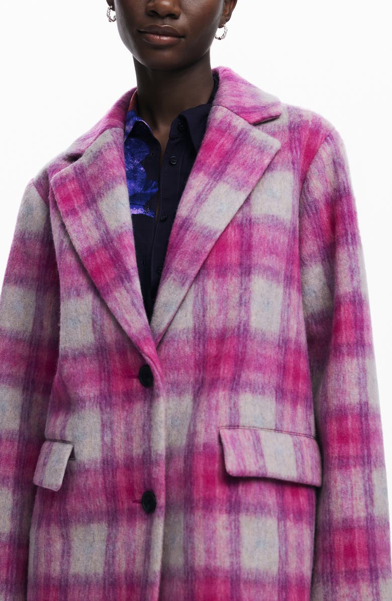 Desigual Cuadro Plaid Coat, Alternate, color, Pink