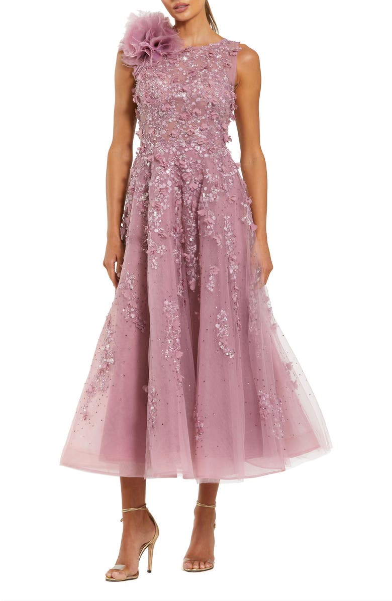 Mac Duggal High Neck Embellished Midi Dress with 3D Flower, Main, color, Orchid