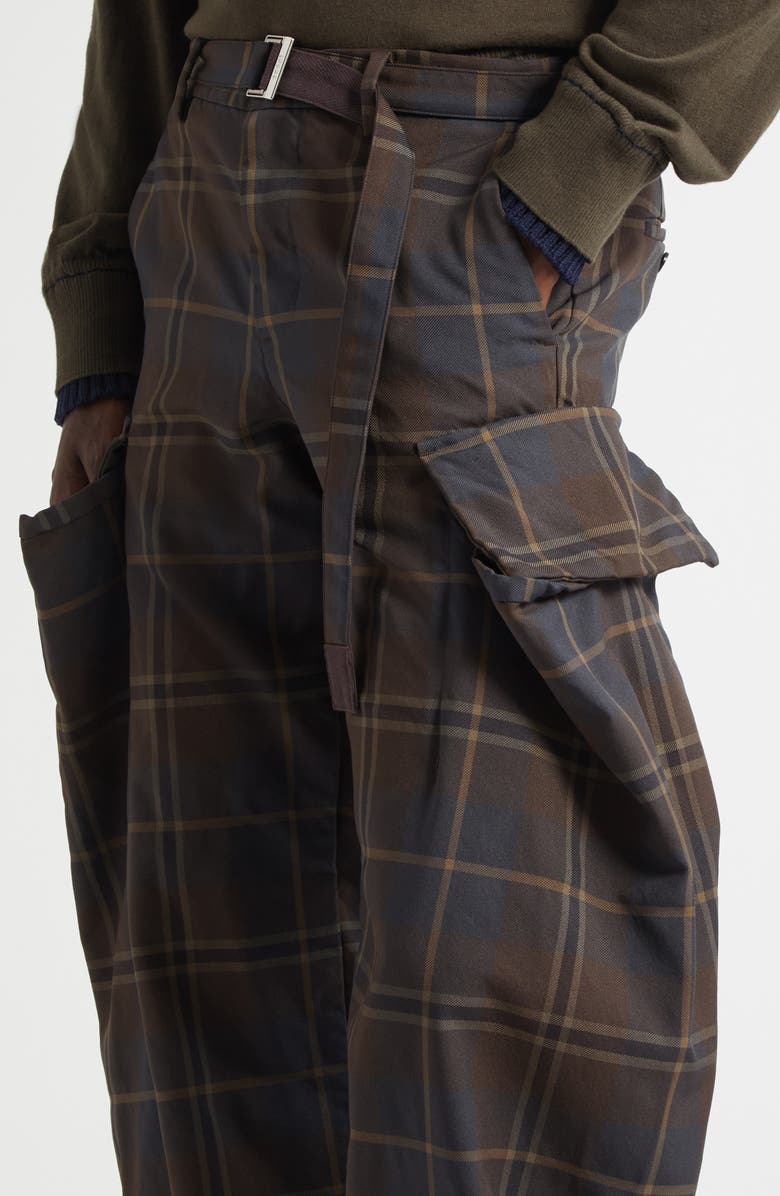 Sacai Belted Plaid Cargo Pants, Alternate, color, Brown/ Blue