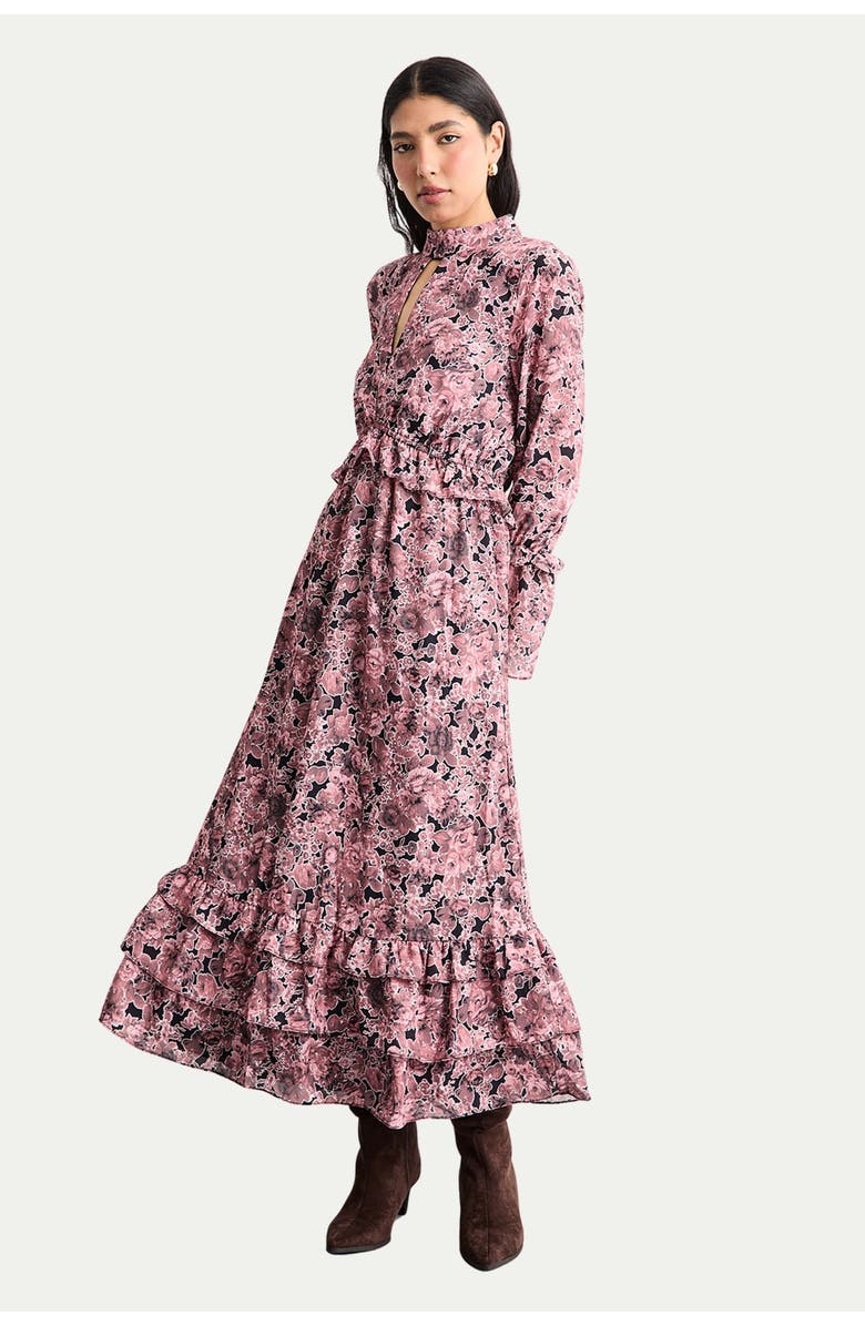 Warehouse Chiffon Shirred High Neck Midi Dress, Main, color, Chocolate