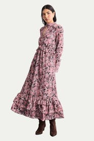 Warehouse Chiffon Shirred High Neck Midi Dress