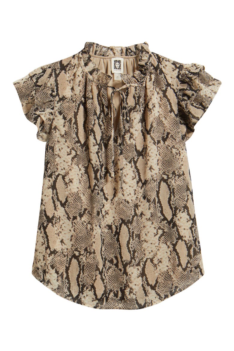 Snake Print Ruffled Sleeve Tied Neck Top, Alternate, color, LATTE MULTI