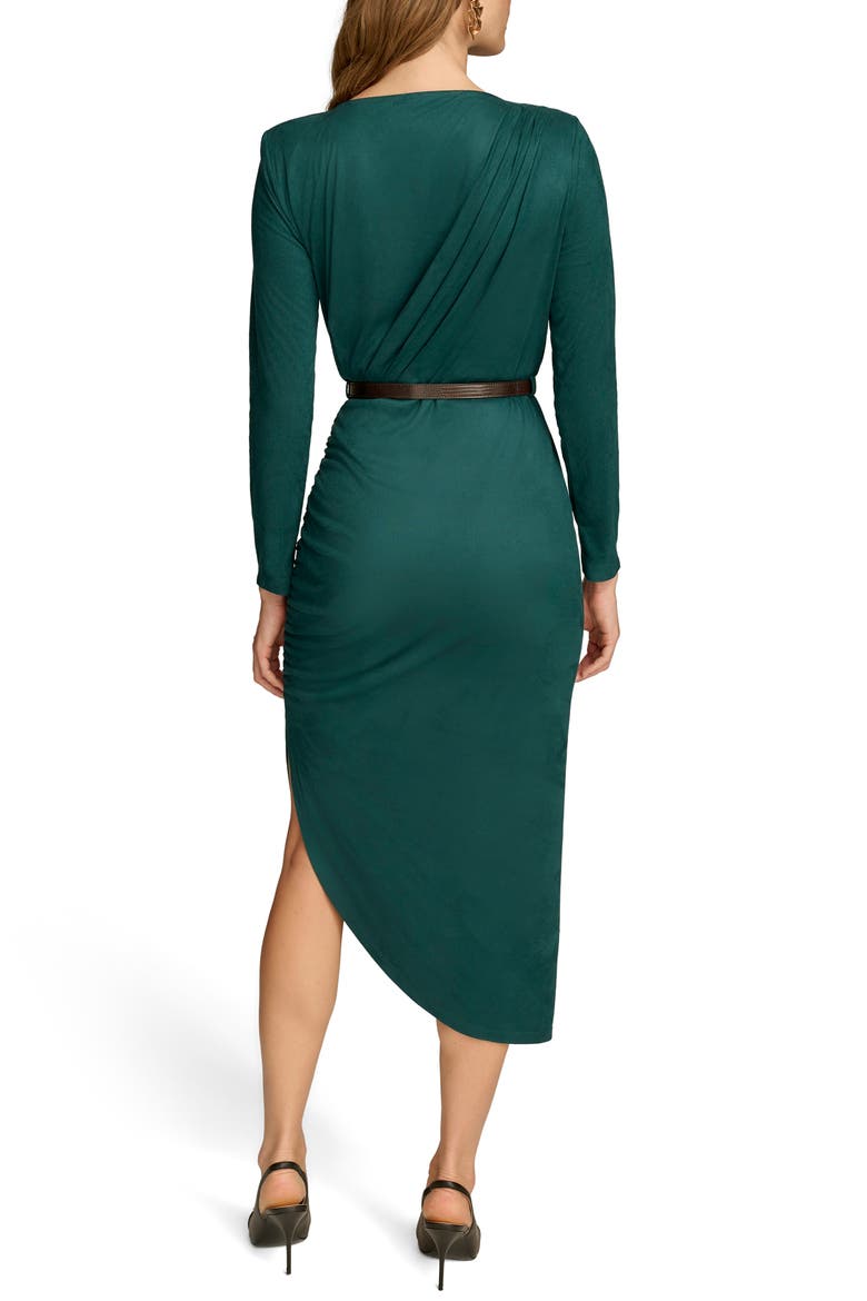 Belted Long Sleeve Asymmetric Faux Suede Dress, Alternate, color, SPRUCE