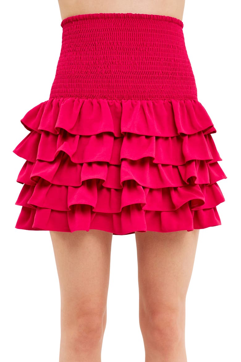 Smocked Tiered Ruffle Miniskirt, Alternate, color, FUCHSIA