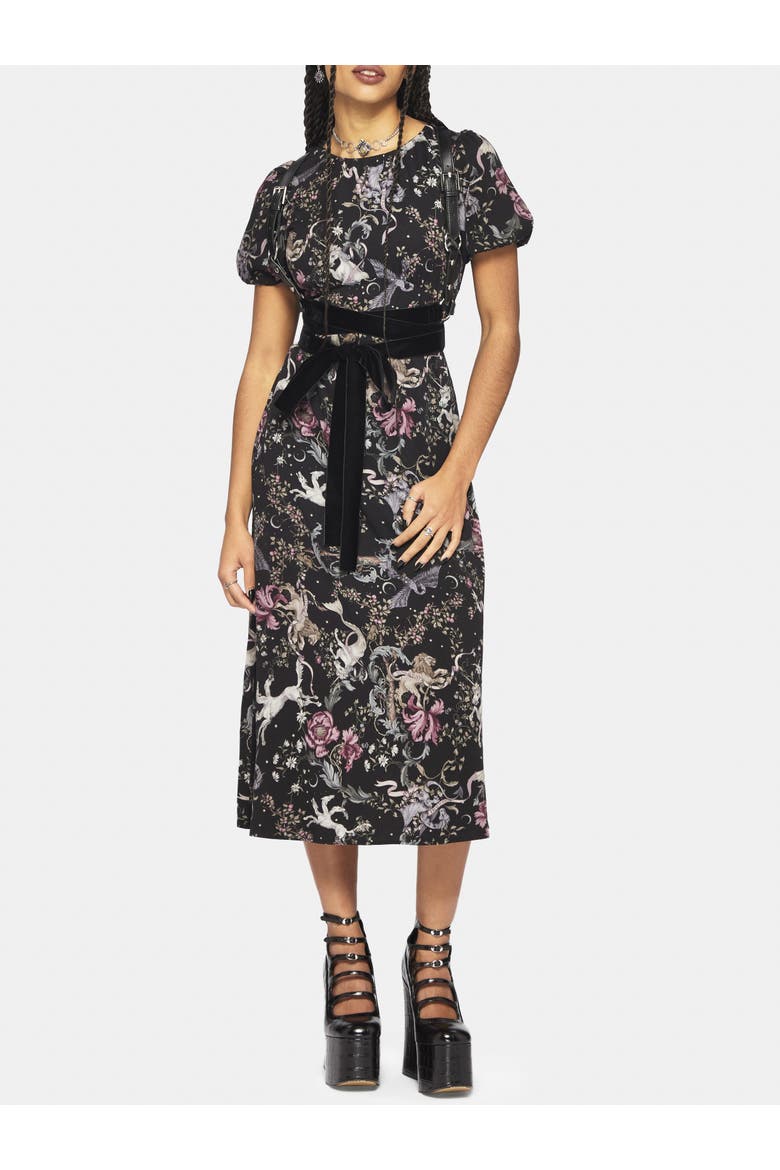 Merunicorn Enchanted Forest Midi Dress, Alternate, color, Black