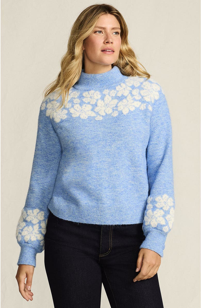 Lands' End Fuzzy Turtleneck Lantern Sleeve Jacquard Sweater, Main, color, Clear Blue Sky Heather