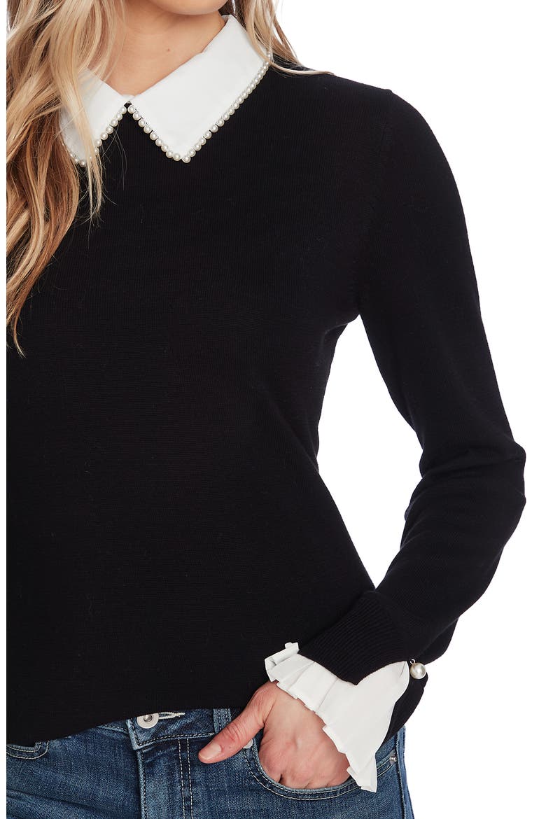 Imitation Pearl Peter Pan Collar Cotton Sweater, Alternate, color, RICH BLACK
