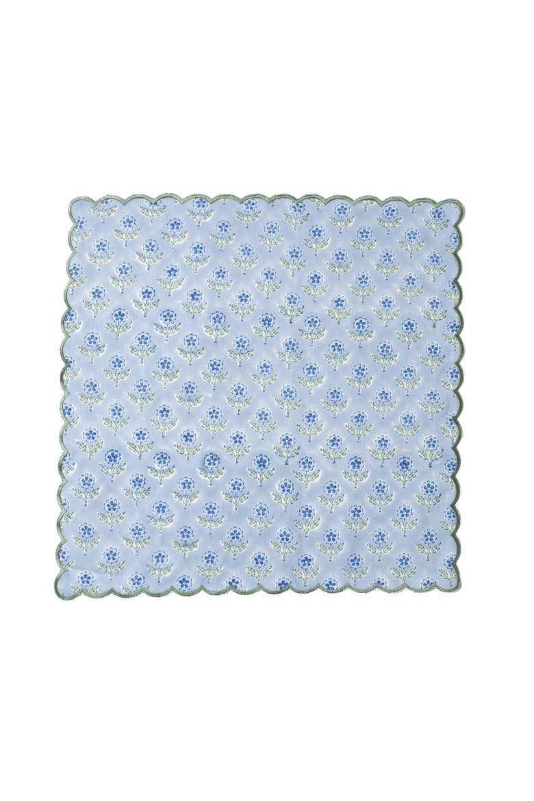 Mona Scallop Embroidered Blockprint Napkins - Set of 4, Main, color, Blue