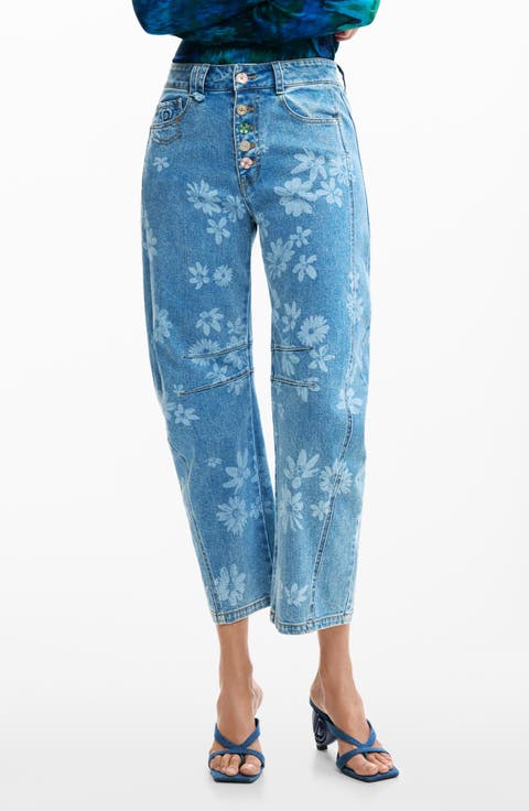 Floral Pattern Straight Leg Jeans