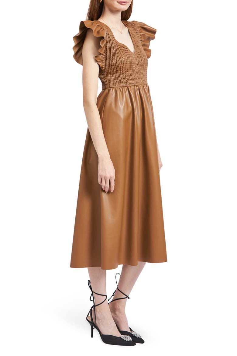 Rylee Smocked Faux Leather Midi Dress, Alternate, color, BROWN
