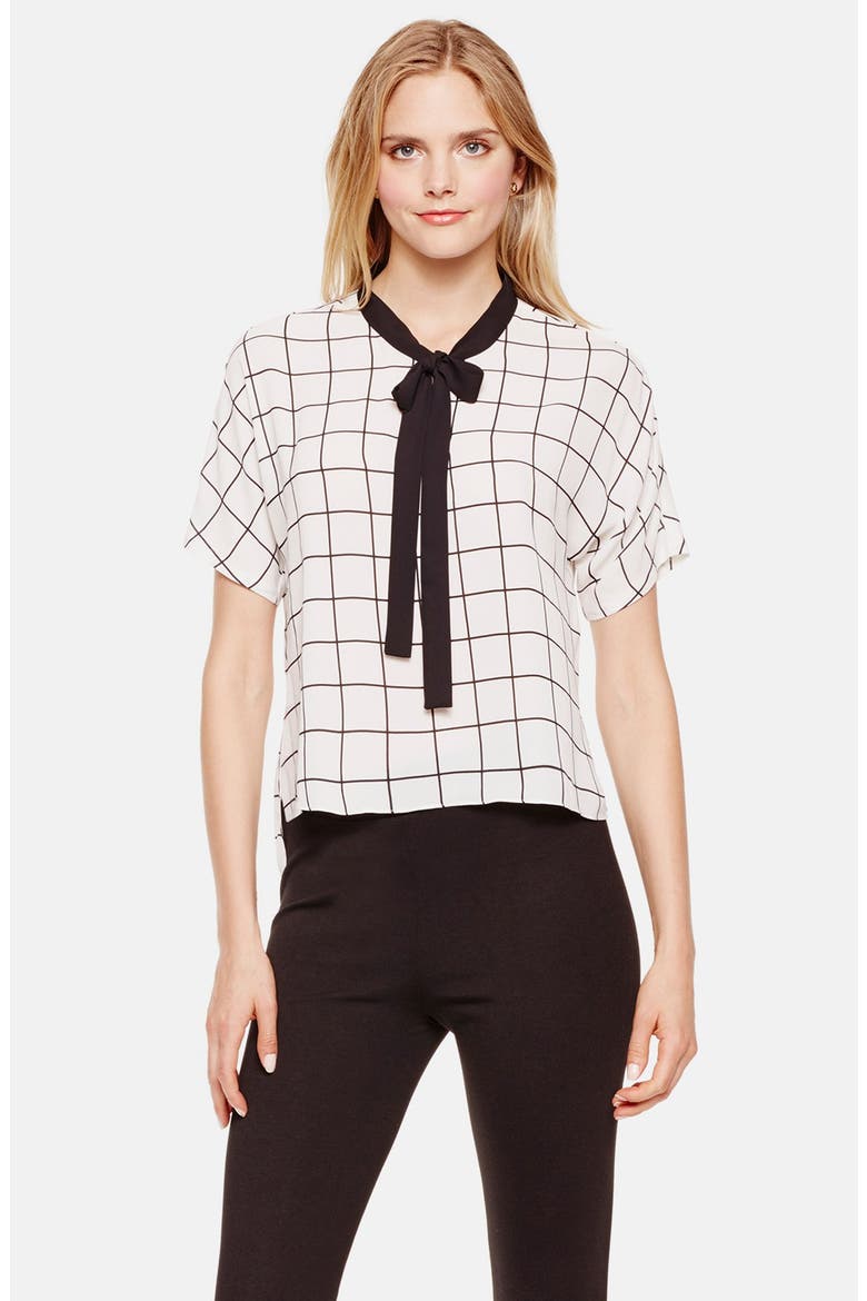 Windowpane Print Bow Neck Blouse, Main, color, NEW IVORY