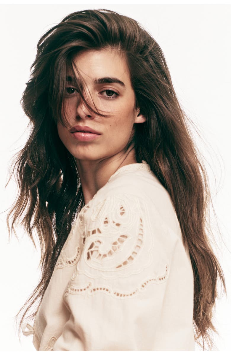 H&M Linen-blend eyelet-embroidered jacket, Alternate, color, Light Beige