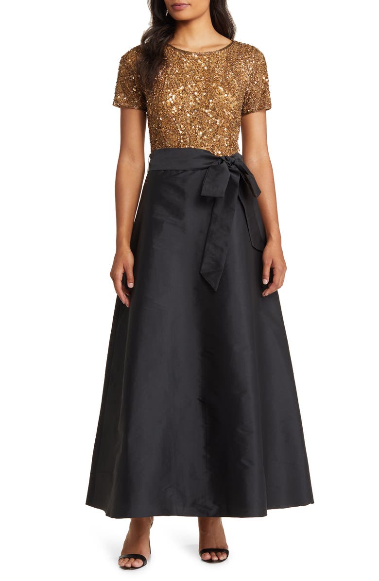 Pisarro Nights Beaded Bodice Mixed Media Gown, Main, color, Gold