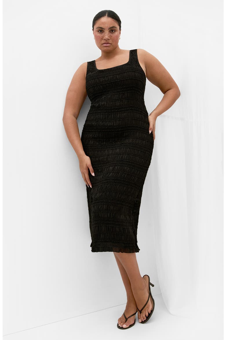 Emelia Smocked Midi Dress, Alternate, color, BLACK