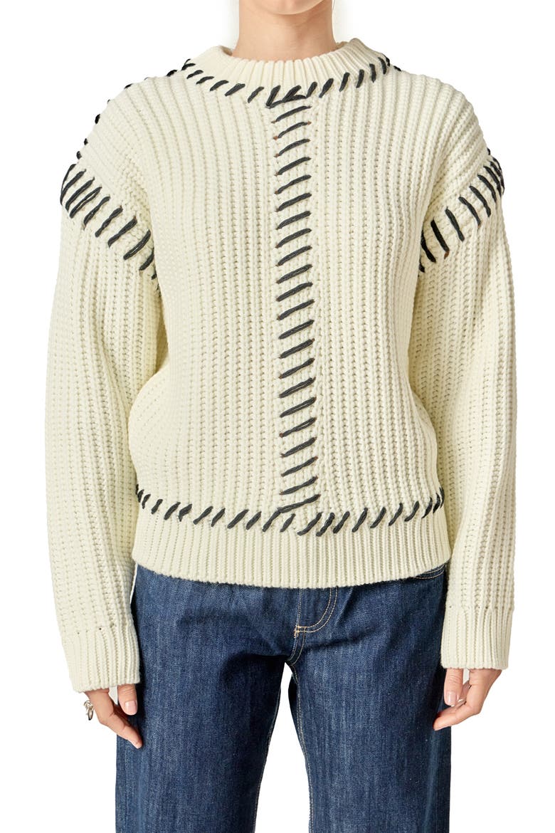 Stitch Detail Chunky Sweater, Alternate, color, CREAM/ BLACK