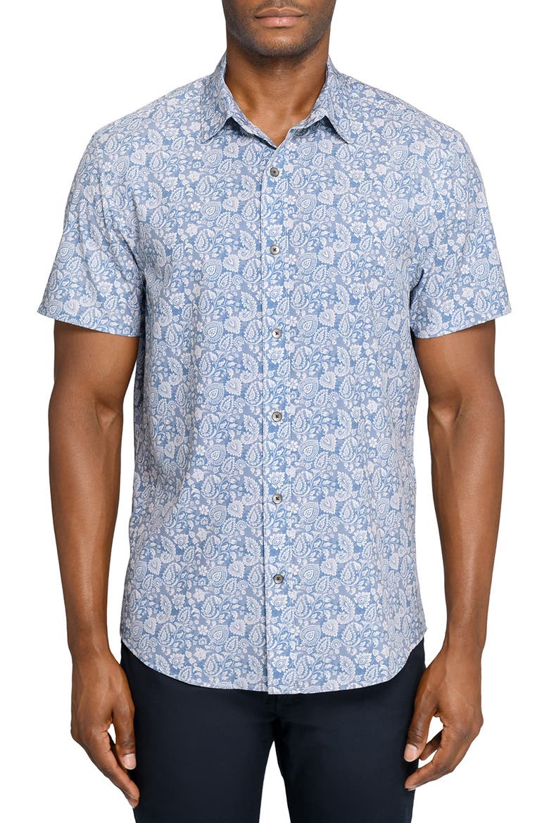 Slim Fit Antique Floral Short Sleeve Performance Button-Up Shirt, Main, color, WHITE/ BLUE