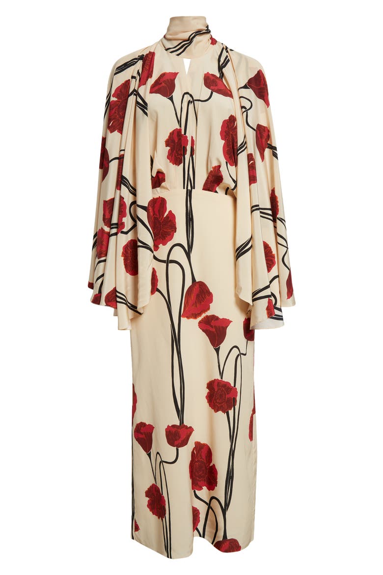 Parajes Lejanos Long Sleeve Silk Midi Dress, Alternate, color, PAPAVER SOMNIFERUM/ ECRU