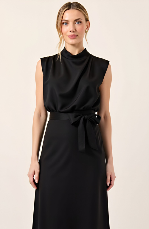 Modenaire Sleeveless Mock Neck Midi Dress With Waist Tie And Flared Hem In Black