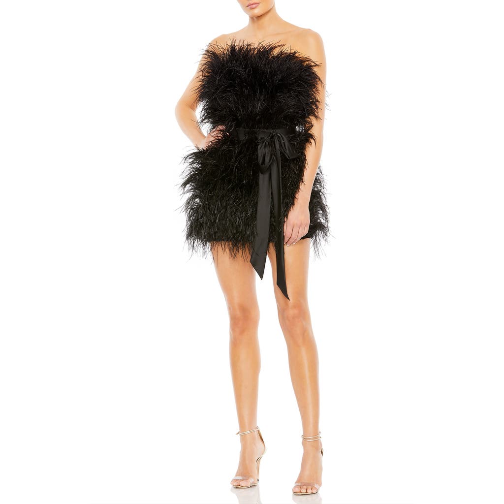 Mac Duggal Strapless Faux Feather Minidress In Black