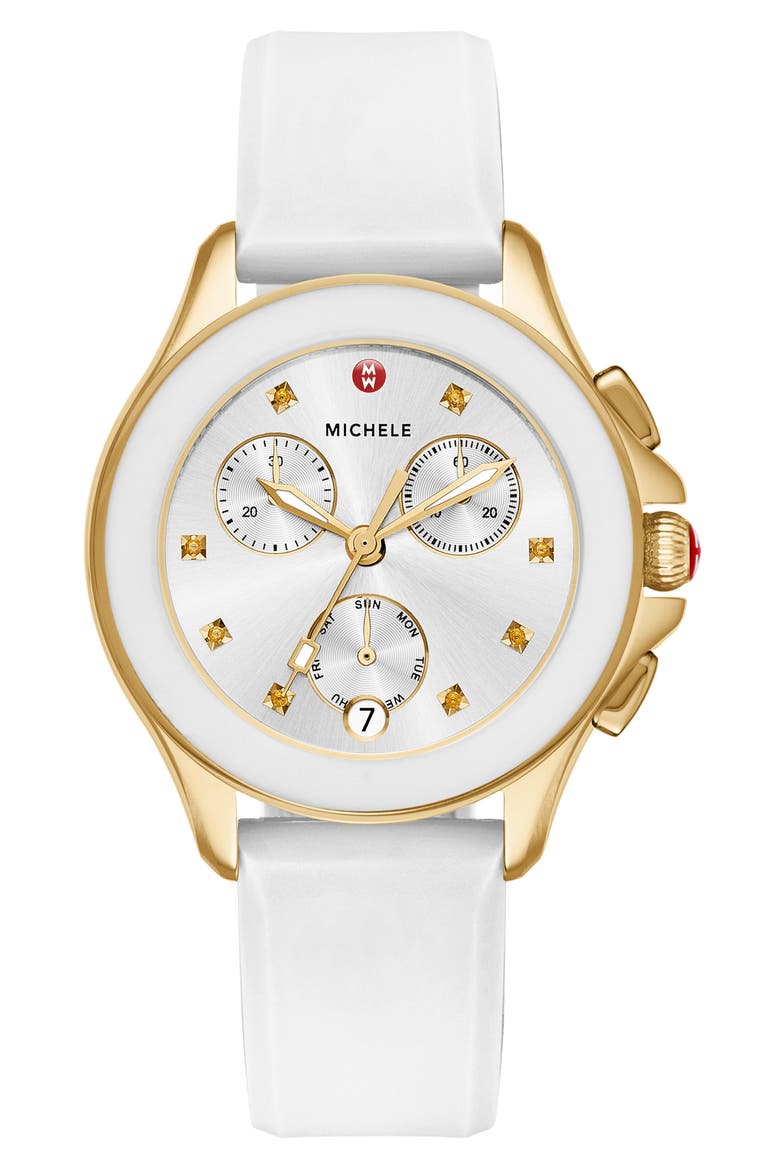 Cape Chronograph Silicone Strap Watch, 34mm, Main, color, WHITE/ SILVER/ GOLD