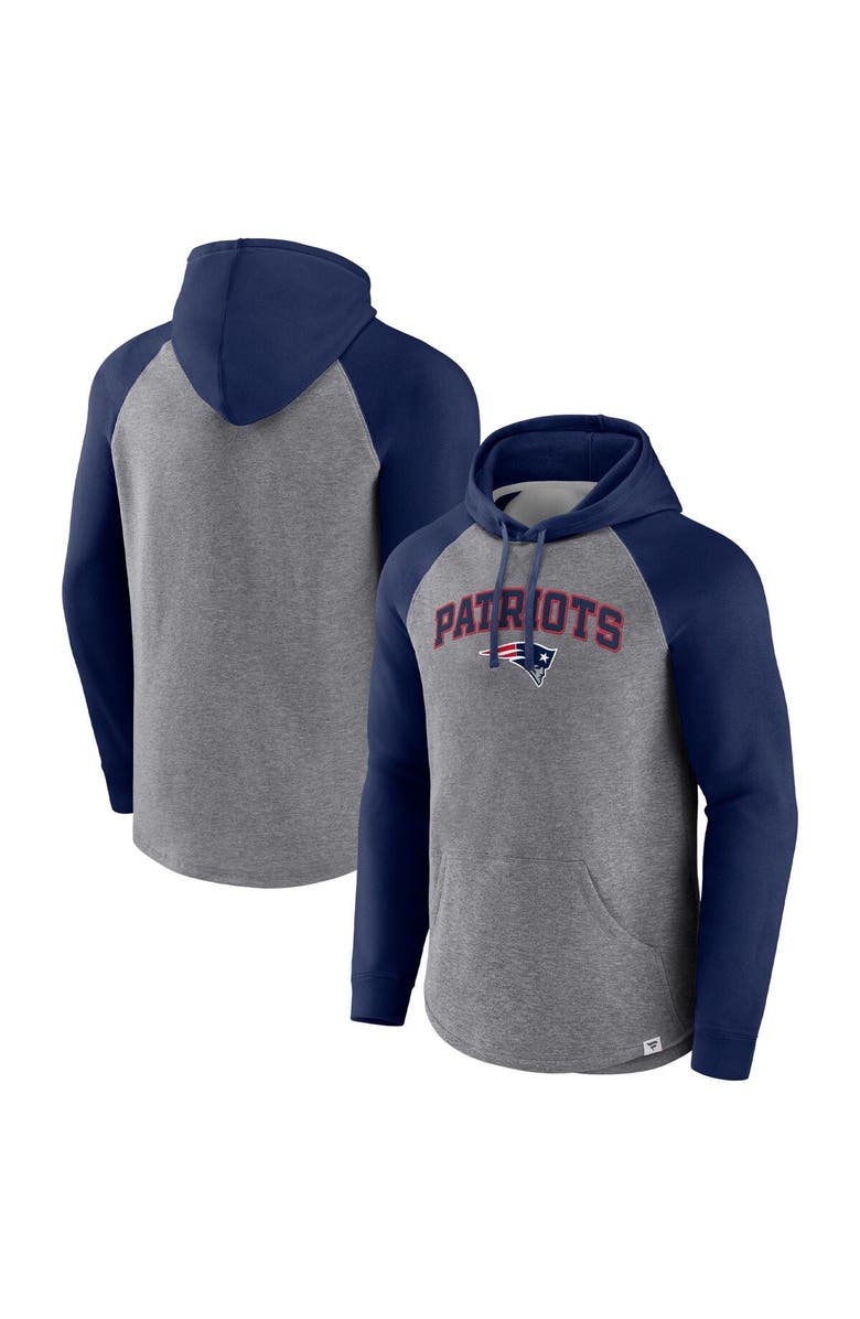 FANATICS Men's Fanatics Branded Heathered Gray/Navy New England Patriots By Design Raglan Pullover Hoodie, Main, color, 