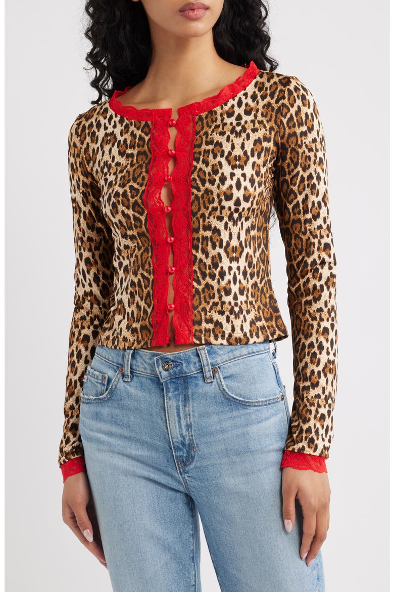 Pour It Up Leopard Lace Trim Button-Up Top, Main, color, LEOPARD