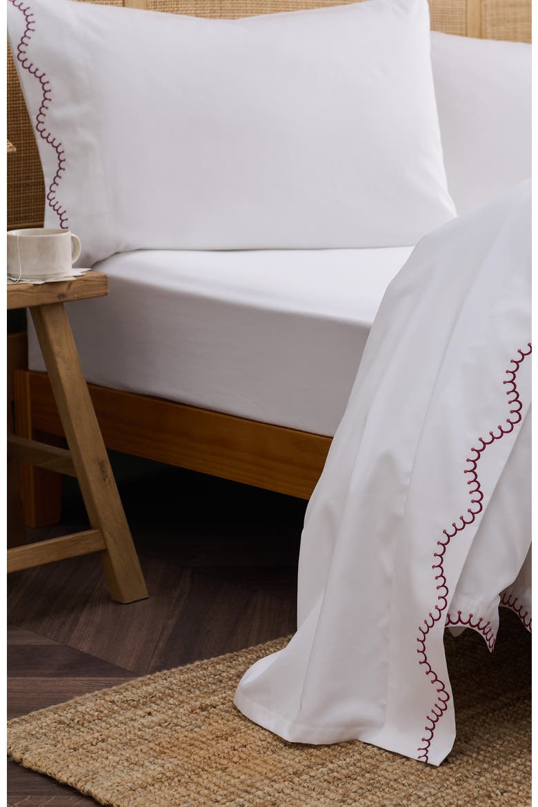 Lucerne Scallop Luxury Cotton Sateen Embroidered Sheet Set Bundles, Alternate, color, Raspberry