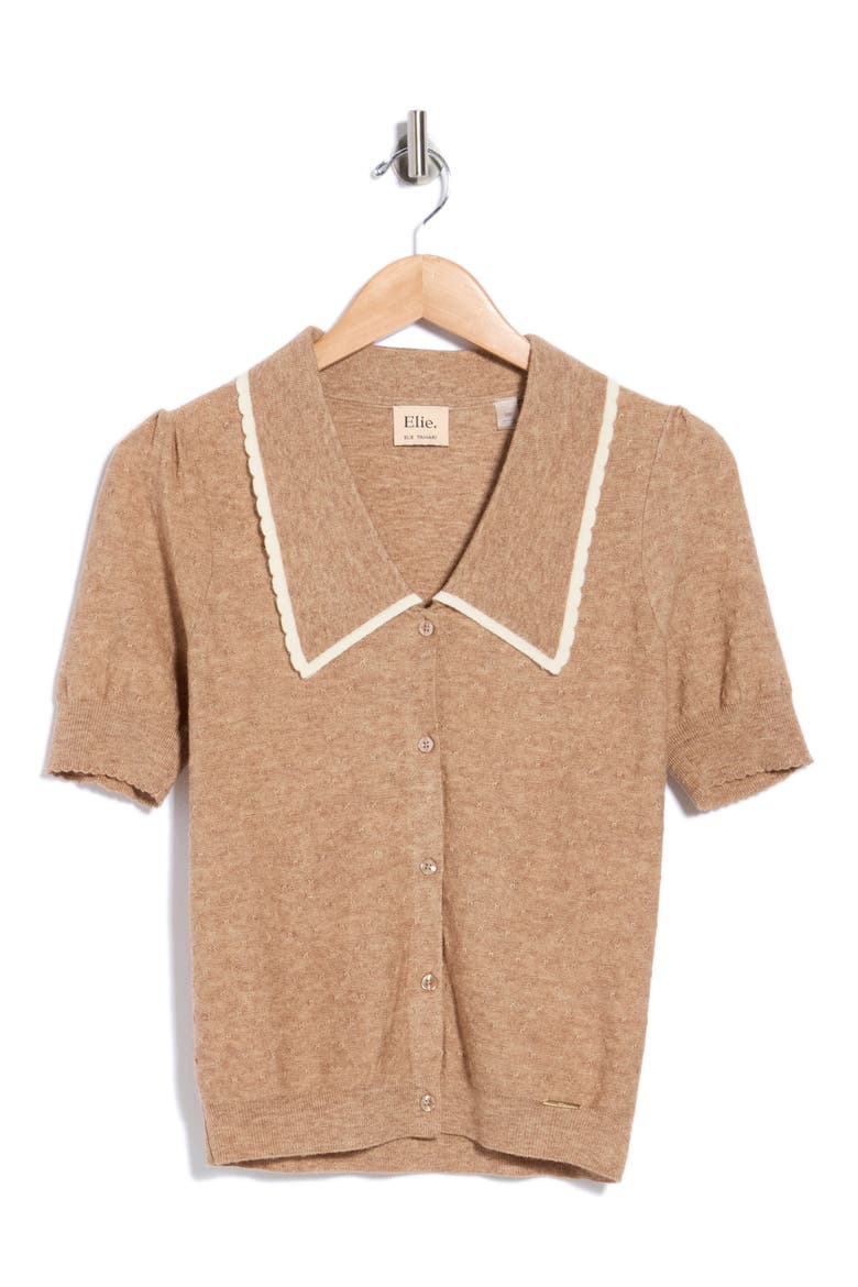 Pointelle Puff Sleeve Cardigan, Alternate, color, TOBACCO BROWN/ EGRET