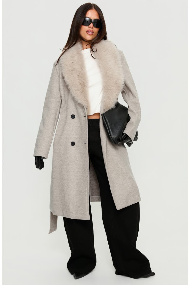 Hallyn Faux Fur Collar Belted Coat, Alternate, color, BEIGE