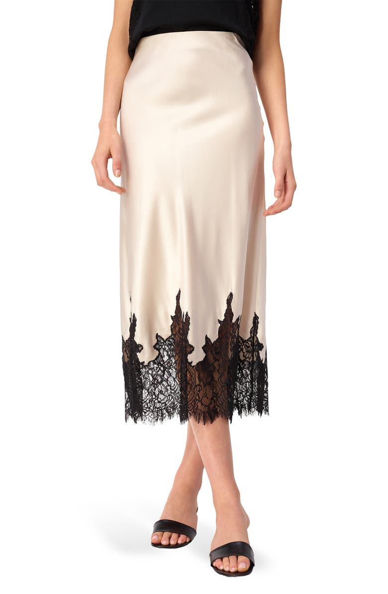 CAMI NYC Vivienne Floral Lace Panel Stretch Silk Midi Skirt, Main, color, 