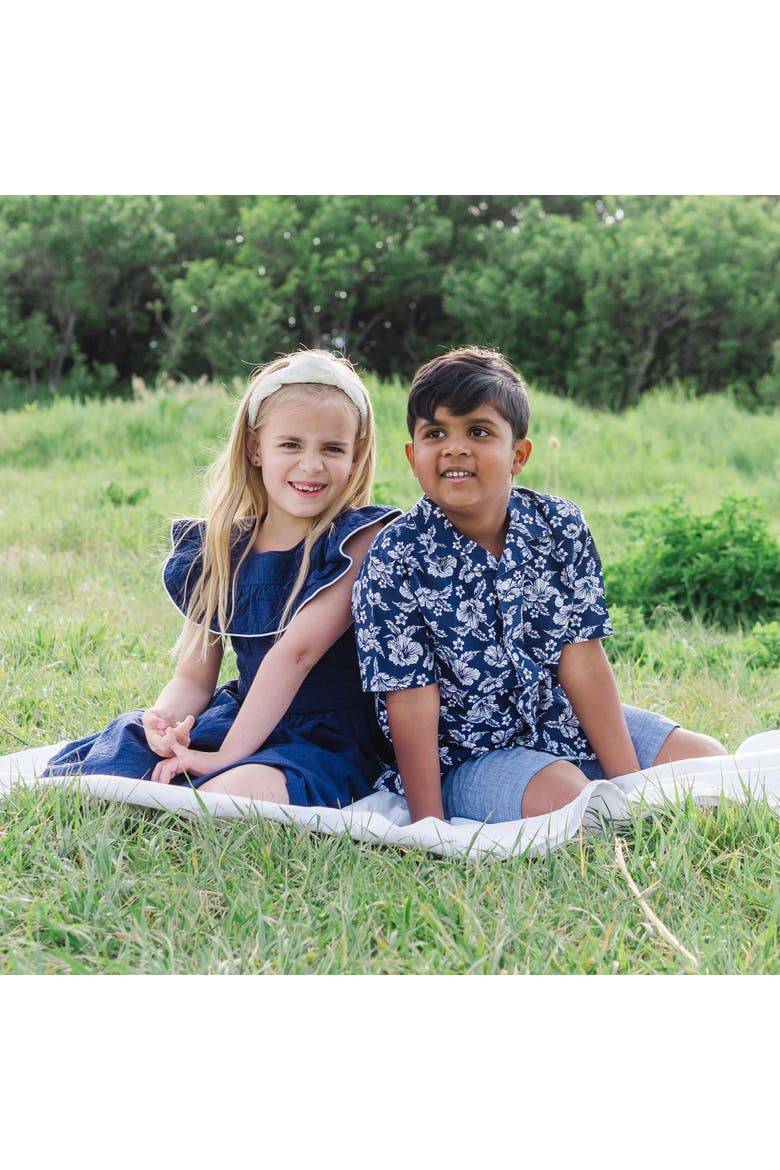 Short Sleeve Button Down Camp Shirt, Alternate, color, Navy Hibiscus Linen
