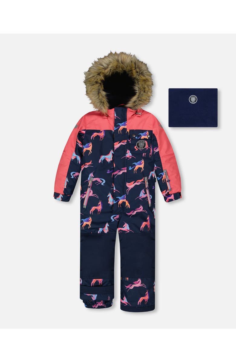 Deux par Deux Little Girl's One Piece Snowsuit Navy Printed Unicorn, Main, color, 