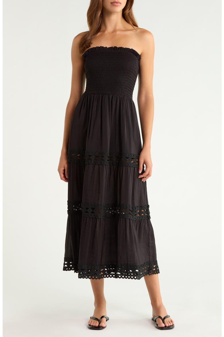 Tiered Strapless Cover-Up Dress, Main, color, BLACK